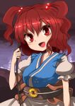  1girl :d hair_bobbles hair_ornament harusame_(unmei_no_ikasumi) looking_at_viewer onozuka_komachi open_mouth red_eyes redhead scythe short_hair smile solo touhou twintails 