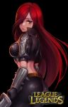  1girl black_background black_eyes breasts copyright_name cowboy_shot from_side g.t hair_over_one_eye katarina_du_couteau knife league_of_legends long_hair midriff redhead scar scar_across_eye short_sleeves simple_background solo vambraces very_long_hair 