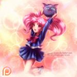  alexandra_mae ball bishoujo_senshi_sailor_moon bow chibi_usa double_bun holding holding_ball luna_(sailor_moon) objectification pink_eyes pink_hair pleated_skirt school_uniform serafuku skirt sparkle twintails watermark web_address 