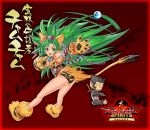  1girl animal_ears belt braid cat_ears cham_cham clean_x earrings fang gloves green_eyes green_hair highres jewelry long_hair looking_at_viewer monkey open_mouth paku_paku paw_gloves paws pet samurai_spirits snk solo tail tiger_print wooden_sword 