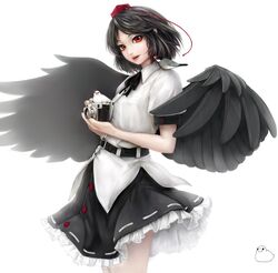  1girl bird black_hair camera hat highres nishi_masakazu red_eyes shameimaru_aya short_hair smile solo tokin_hat touhou wings 