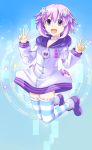  1girl :d blue_background boots choker choujigen_game_neptune d-pad double_v drawstring full_body hair_ornament hairclip highres hoodie jumping looking_at_viewer midair neptune_(choujigen_game_neptune) neptune_(series) open_mouth purple_boots purple_hair short_hair smile solo striped striped_legwear thigh-highs v violet_eyes wind_lift 