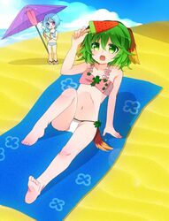  2girls alternate_costume animal_ears beach bikini blue_hair drink fang green_eyes green_hair heterochromia highres kasodani_kyouko multiple_girls open_mouth popsicle sakechazuke sand short_hair smile swimsuit tail tatara_kogasa tongue touhou towel umbrella watermelon_bar 