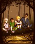  black_hair blonde_hair butterfly_sitting closed_eyes dated fireflies forest formal gon_freecss highres hunter_x_hunter indian_style killua_zoldyck kurapika lahteh lake leorio looking_up nature necktie night signature sitting smile suit sunglasses white_hair 