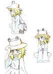  blush character_sheet h-new hand_on_hat hat loafers long_sleeves moriya_suwako production_art shoes short_hair sketch sleeves_past_wrists smile squat squatting touhou traditional_media wide_sleeves 