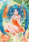  blue_eyes blue_hair blush bow breasts cleavage dress face feet flower frills hair_bow hands leaf leaves legs lipstick long_hair orange_dress original smile solo toyoda_izumi twintails wings 