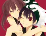  1boy 1girl alternate_costume bandana bandana_removed black_hair closed_eyes couple hat hug hug_from_behind jikei odamaki_sapphire pokemon pokemon_special red_eyes ruby_(pokemon) wink 