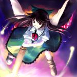  :d arm_cannon black_hair black_wings boots cape chipika grin hair_bow light long_hair open_mouth red_eyes reiuji_utsuho skirt smile solo third_eye touhou weapon wings 