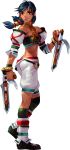  1girl bare_shoulders black_hair brown_eyes closed_mouth dark_skin detached_sleeves dual_wielding female flat_chest full_body highres holding holding_weapon jewelry kawano_takuji looking_away necklace official_art simple_background solo soul_calibur soulcalibur standing talim tonfa twintails weapon white_background 