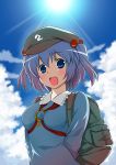  :d arms_behind_back backpack bag blue_eyes blue_hair cloud fang from_below hair_bobbles hair_ornament hat kawashiro_nitori open_mouth short_hair sky smile sun touhou twintails 