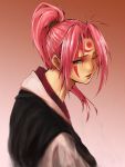  facial_mark forehead_mark from_behind guchico guilty_gear japanese_clothes kimono lips lipstick long_hair looking_back one-eyed open_mouth pink_hair ponytail red_eyes simple_background solo tattoo 