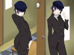  ass blue_eyes blue_hair cabbie_hat cottage hat jacket pants persona persona_4 reverse_trap shirogane_naoto short_hair trousers 