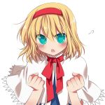  blonde_hair blue_eyes blush capelet clenched_hands fang frown hairband manle short_hair touhou 