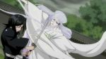  2girls battle black_hair bleach japanese_clothes kimono kuchiki_rukia long_hair silver_hair sode_no_shirayuki spoilers sword 
