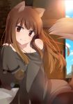  1girl bad_id bare_shoulders blush brown_hair chocho_(homelessfox) fang holo long_hair red_eyes smile spice_and_wolf tail 