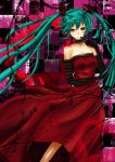  aqua_hair bad_id bare_shoulders choker dress elbow_gloves gloves hatsune_miku long_hair red_dress red_eyes smile solo twintails vocaloid yutaro5313 