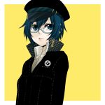  androgynous arms_at_sides blue_eyes blue_hair breasts cabbie_hat crossdressinging flat_chest glasses hair_between_eyes hat jacket lips looking_away persona persona_4 reverse_trap school_uniform shimizu_kokeshi shirogane_naoto short_hair simple_background solo standing wavy_hair 