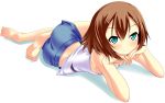  1boy arm_support ass baka_to_test_to_shoukanjuu barefoot blue_shorts blush brown_hair crossdressing error feet hair_ornament hands kinoshita_hideyoshi male nana_(artist) shorts solo trap 