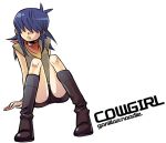  blue_hair boots gorillaz hair_over_eyes noodle shorts sitting 