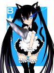  animal_ears apron bad_id black_hair black_rock_shooter black_rock_shooter_(character) blue_eyes blush cat_ears cat_tail daive embarrassed enmaided glowing glowing_eyes highres k-on! long_hair maid nakano_azusa sweatdrop sword tail thigh-highs thighhighs twintails very_long_hair weapon wrist_cuffs 