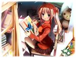  blush butterfly candy chair drawing lollipop original paintbrush red_eyes red_hair redhead shino_(eefy) sitting sketchpad stuffed_animal stuffed_toy twintails 