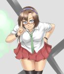  blue_eyes brown_hair glasses hairband houtengeki makinami_mari_illustrious necktie neon_genesis_evangelion pleated_skirt rebuild_of_evangelion skirt smile solo thigh-highs thighhighs zettai_ryouiki 