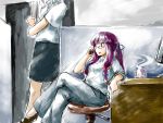  bad_id bc bespectacled chair contemporary crossed_legs cup dress_shirt glasses high_heels highres mug mukyuu office office_lady pants patchouli_knowledge phone purple_hair shirt shoes sitting touhou 