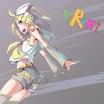  blonde_hair detached_sleeves headphones kagamine_rin momi sharp_teeth short_hair shorts solo vocaloid 