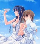  bad_id blue_eyes blue_hair breasts brown_eyes brown_hair cleavage dress hat highres koga_sayoko multiple_girls paper_airplane sazanami_(artist) sky suiheisen_made_nan_mile? sundress tsuyazaki_kokage white_dress 