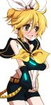  bad_id blonde_hair blush camayu cosplay crossdressing crossdressinging headphones kagamine_len kagamine_rin kagamine_rin_(cosplay) male midriff short_hair shorts simple_background solo trap vocaloid 