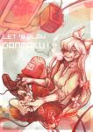  1girl boots bow cigarette controller english fujiwara_no_mokou game_console game_controller grin hair_bow long_hair looking_at_viewer mi-eau pants red_eyes sitting smile smoke suspenders television touhou white_hair 