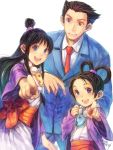  ayasato_mayoi black_hair blue_eyes brown_hair capcom formal gyakuten_saiban japanese_clothes long_hair magatama naruhodou_ryuuichi pointing pointing_at_viewer russel russel_(yumeriku) short_hair suit 