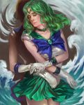  2girls bishoujo_senshi_sailor_moon choker closed_eyes gloves green_hair hand_holding jewelry k-bose kaiou_michiru long_hair realistic sailor_neptune sailor_uranus ten&#039;ou_haruka water wavy_hair 