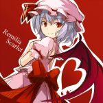  bow character_name dress hat heart lavender_hair looking_back red_eyes remilia_scarlet short_hair sketch slit_pupils smile solo touhou tsuyuki wings 