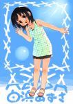  blush brown_eyes dress jewelry mitsudo_moe mitsudomoe necklace om_(artist) polka_dot sandals shirahama_azusa short_hair skirt smile waving 