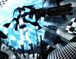  belt bikini_top black_hair black_rock_shooter black_rock_shooter_(character) blue_eyes boots cannon chain chains coat flat_chest glowing glowing_eyes gun highres huge_weapon katana long_hair long_legs midriff navel pale_skin solo sword twintails uneven_twintails weapon 