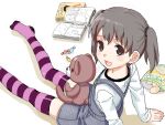  book brown_eyes brown_hair candy child chips legs mattaku_mosuke oekaki open_mouth original overalls purple_legwear short_twintails sitting smile striped striped_legwear striped_thighhighs stuffed_animal stuffed_toy teddy_bear thigh-highs thighhighs twintails 