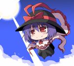 chibi flying hat lowres nagae_iku purple_hair ribbon skirt smile touhou