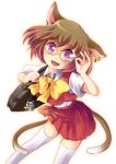  animal_ears bad_id bespectacled brown_hair cameo cat_ears cat_tail chen earrings fang glasses jewelry keychain multiple_tails pleated_skirt purple_eyes short_hair skirt tail thigh-highs thighhighs toda_ayu touhou violet_eyes yakumo_ran yakumo_ran_(cameo) 