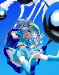  1girl backpack bag blue_eyes blue_hair hair_bobbles hair_ornament hat ishikkoro kawashiro_nitori looking_at_viewer midriff open_mouth rocket rubber_boots shirt skirt smile solo touhou twintails wrench 