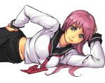  arm_support asamiya_athena bad_id breasts hand_on_head hand_on_hip king_of_fighters large_breasts long_hair lying midriff navel necktie on_side pink_hair school_uniform serafuku simple_background skirt smile solo yellow_eyes 