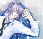  blue_eyes hair_ribbon kamui_gakupo long_hair lying male necktie pocket_watch ponytail purple_hair ribbon snow solo tears vocaloid watch yunaga_5_00 