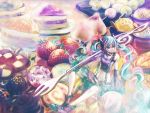  aqua_eyes aqua_hair cake checkerboard_cookie cookie cream food fork fruit hatsune_miku headphones headset ice_cream in_food midriff minigirl multicolored_hair navel pastry pink_hair project_diva shoes sitting skirt smile so-da solo strawberry twintails vocaloid white_hair 