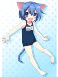  absurdres animal_ears barefoot blue_eyes blue_hair cat_ears cat_tail child fang feet highres mani one-piece_swimsuit onka original school_swimsuit short_hair swimsuit tail 