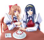  blue_eyes blue_hair blush cake fervent_idiot food himemiya_chikane kannazuki_no_miko kurusugawa_himeko long_hair purple_eyes school_uniform smile violet_eyes yuri 