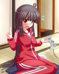  black_hair blunt_bangs blush censored hime_cut houraisan_kaguya long_hair neet niracha playing_games playstation touhou track_suit 