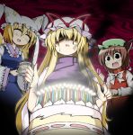  anger_vein angry animal_ears birthday blonde_hair brown_hair cake candle cat_ears chen earrings fang food fork fox_tail hat jewelry knife long_hair multiple_tails party_popper pastry publicplanet short_hair smoke tail touhou yakumo_ran yakumo_yukari 