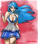  barefoot blue_hair breasts camisole cleavage flower hair_flower hair_ornament large_breasts laxius leg_lift long_hair pointy_ears sarah_brandolino skirt solo wind 