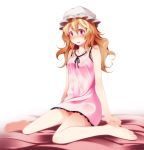  1girl absurdres bare_arms bare_legs bare_shoulders barefoot blonde_hair blush collarbone hat highres long_sleeves maribel_hearn night nightgown open_mouth purple_hair s-syogo solo touhou 