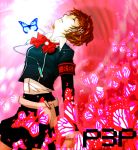  bow brown_hair butterfly closed_eyes female_protagonist_(persona_3) hair_ornament hairclip headphones marimozawa_tomoe persona persona_3 persona_3_portable school_uniform short_hair skirt solo 